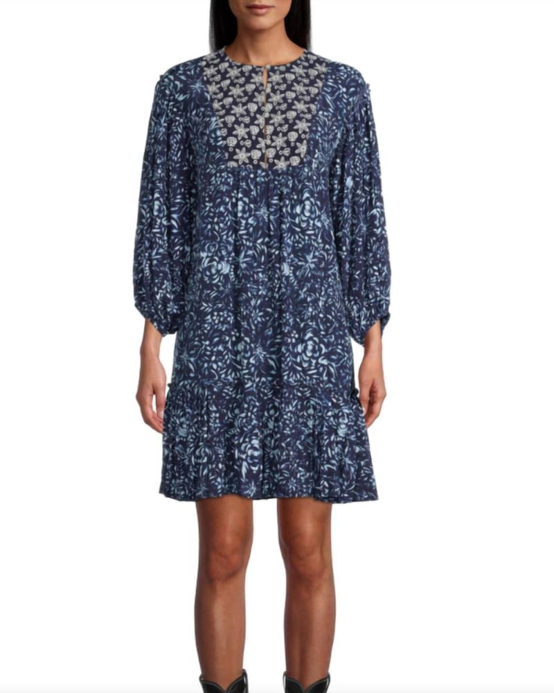 Front of a model wearing a size Large Embroidered Dress in Navy in Navy by Nicole Miller. | dia_product_style_image_id:338331